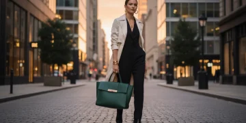 Stylish woman with minimalist jewelry and a structured luxury handbag, representing 2026 fashion trends.
