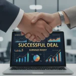 Two hands shaking over a laptop with affiliate marketing data, representing successful commission rate negotiation.
