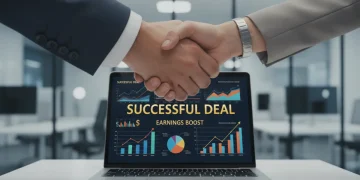 Two hands shaking over a laptop with affiliate marketing data, representing successful commission rate negotiation.