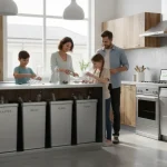 Family engaging in sustainable practices, saving money