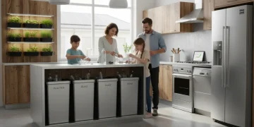 Family engaging in sustainable practices, saving money