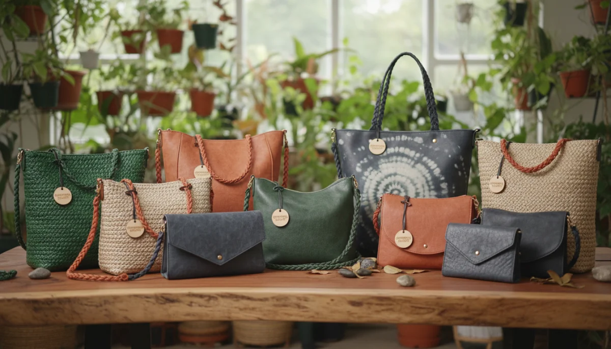 Assortment of sustainable luxury handbags in earthy tones, showcasing eco-friendly fashion.