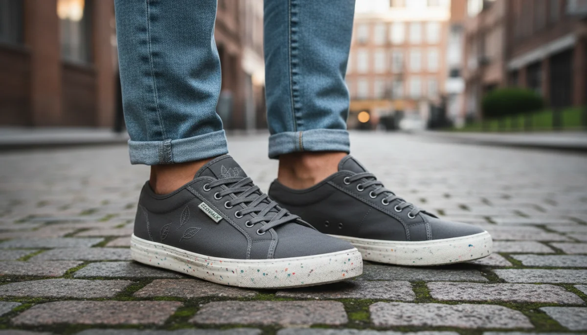 Sleek minimalist sneakers made from sustainable materials on a city street.