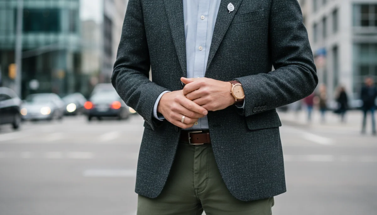 Sustainable workwear blazer and trousers, eco-friendly professional attire