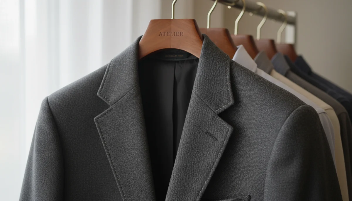 Close-up of a perfectly tailored high-quality blazer in charcoal grey, highlighting fine stitching and luxurious fabric.