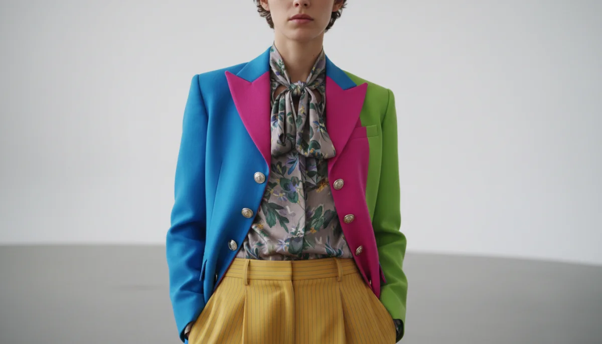 Model in a bright, tailored, relaxed-fit gender-fluid suit with unique details and a silk blouse.