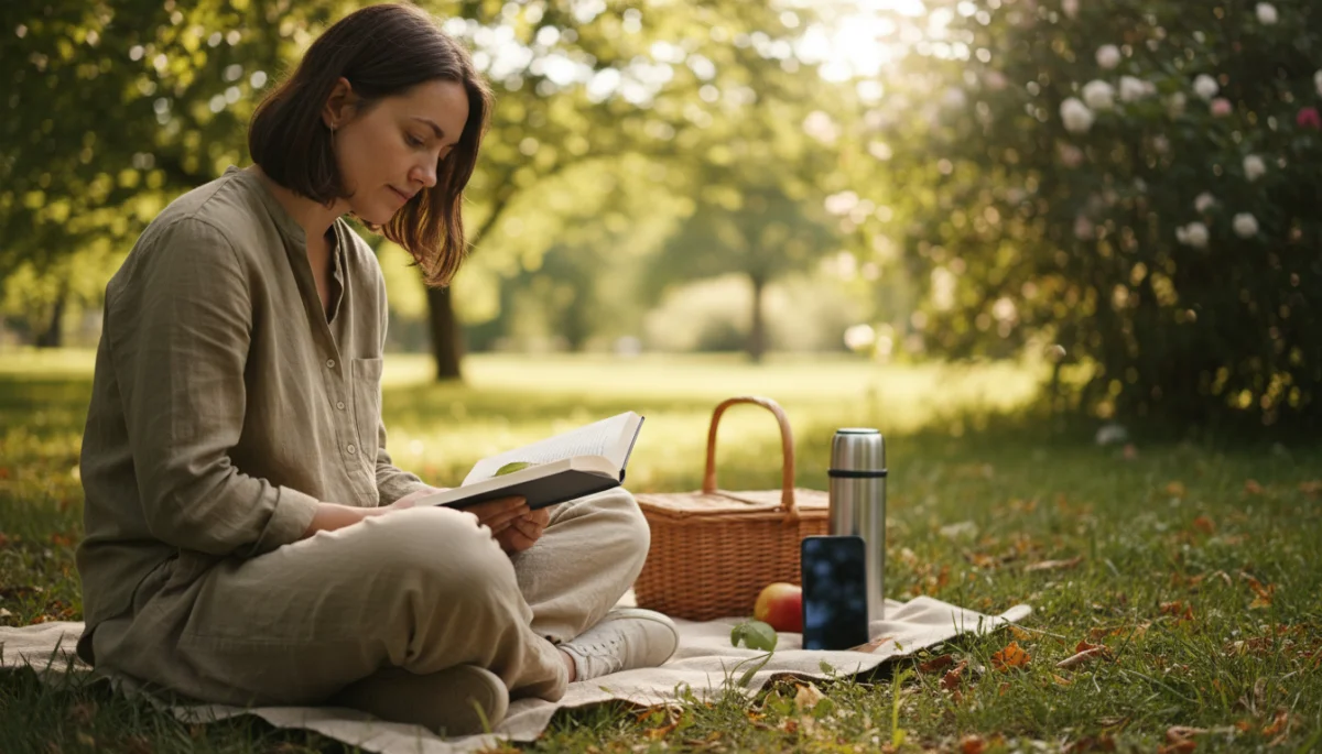 Person reading outdoors, symbolizing reduced screen time and digital detox.
