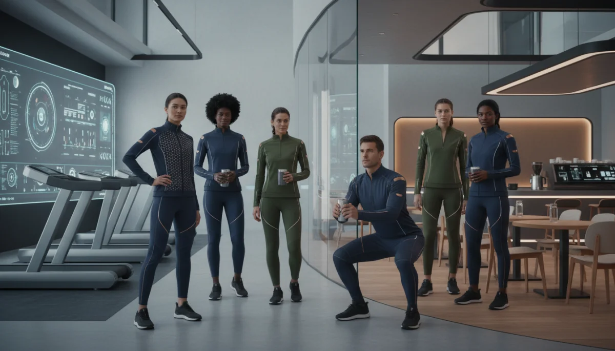 People wearing tech-infused athleisure in a versatile gym-cafe setting