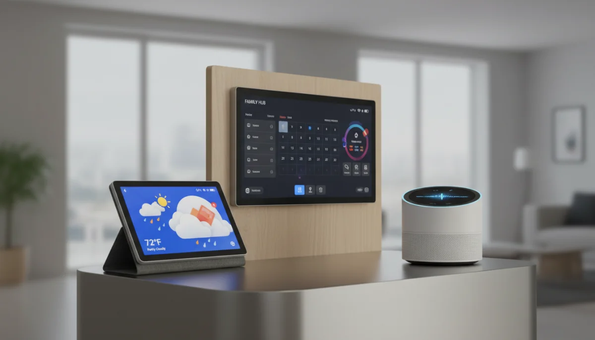 Comparison of three distinct smart display devices: portable, wall-mounted, and desktop hub, showcasing their diverse designs and functions.