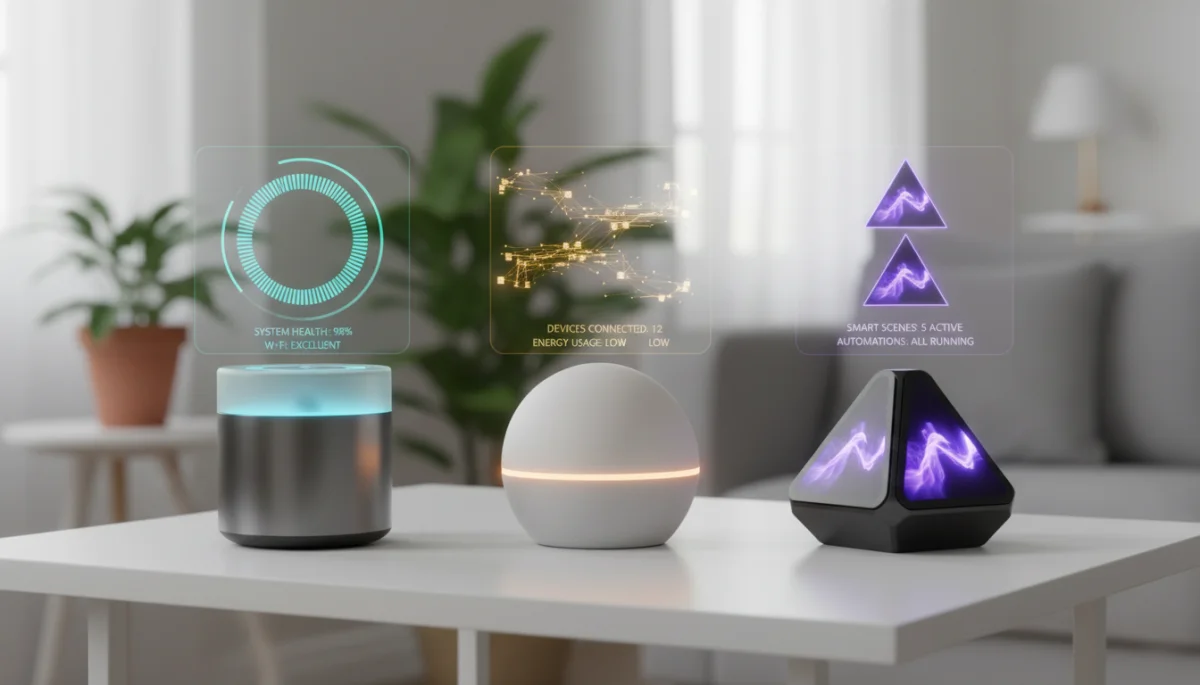 Three distinct smart home hubs showcasing their design and operational status