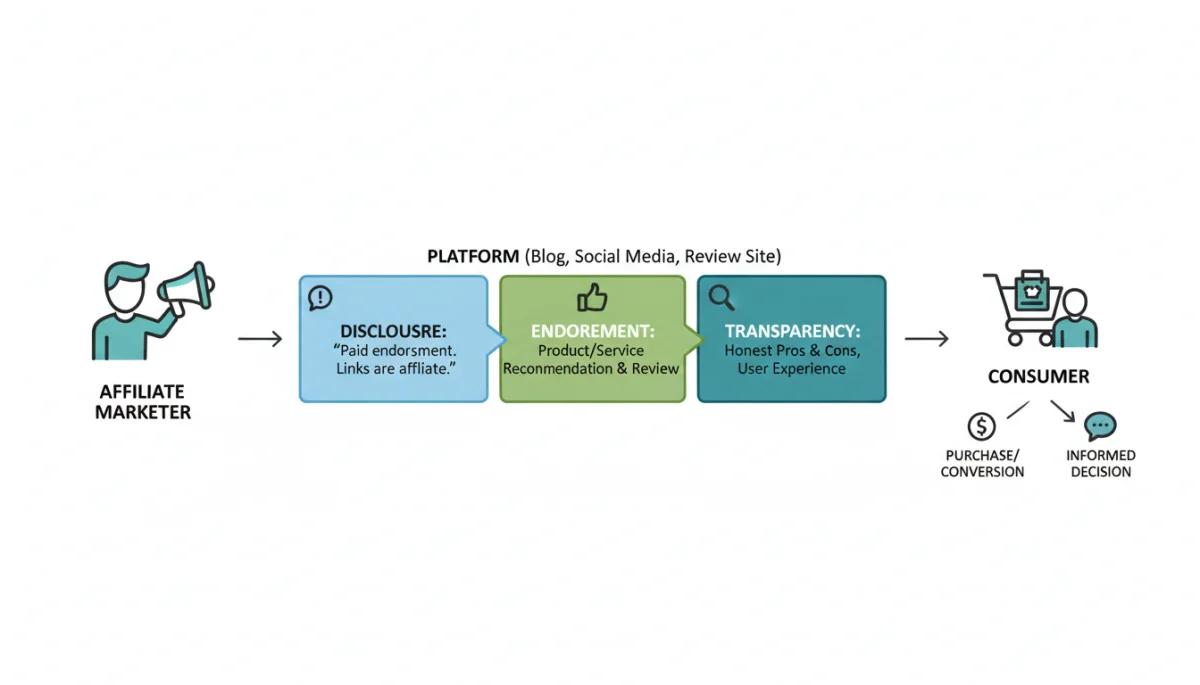 Infographic showing the flow of transparent affiliate marketing with clear disclosure.