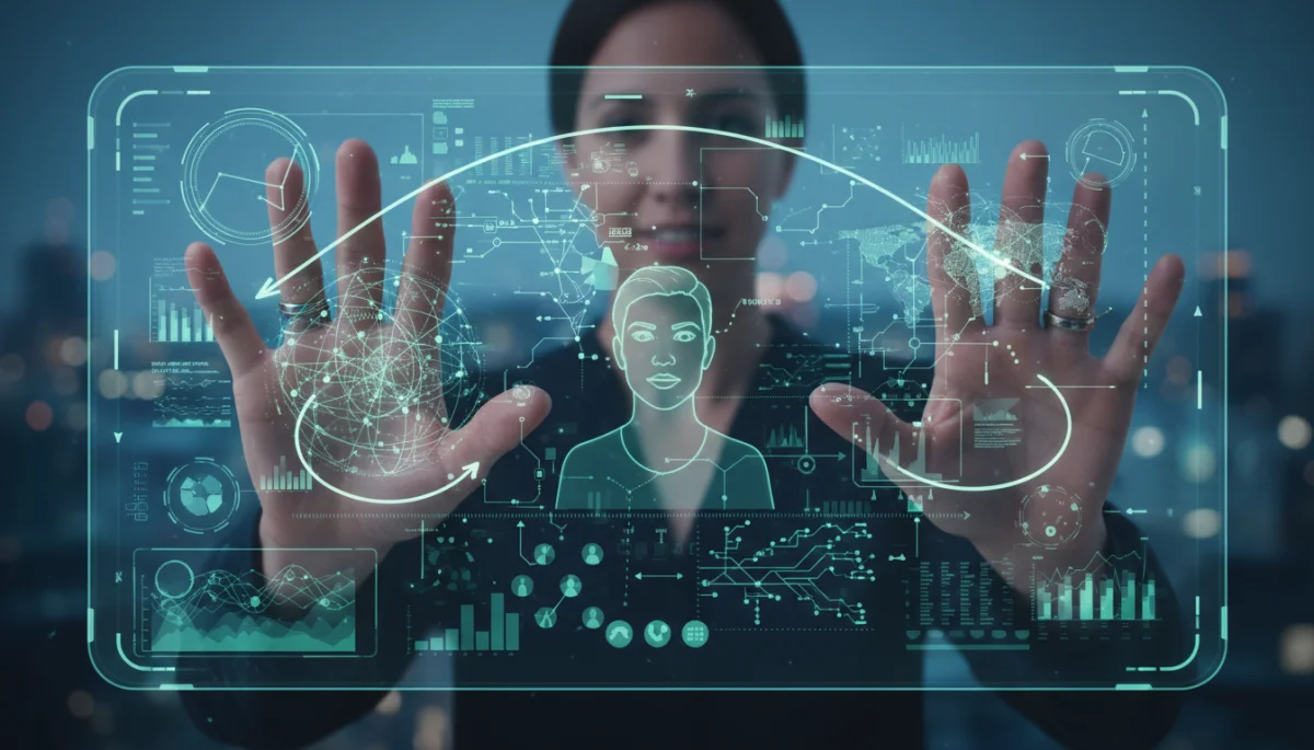 User interacting with a transparent smart display using advanced gesture controls for augmented reality applications.