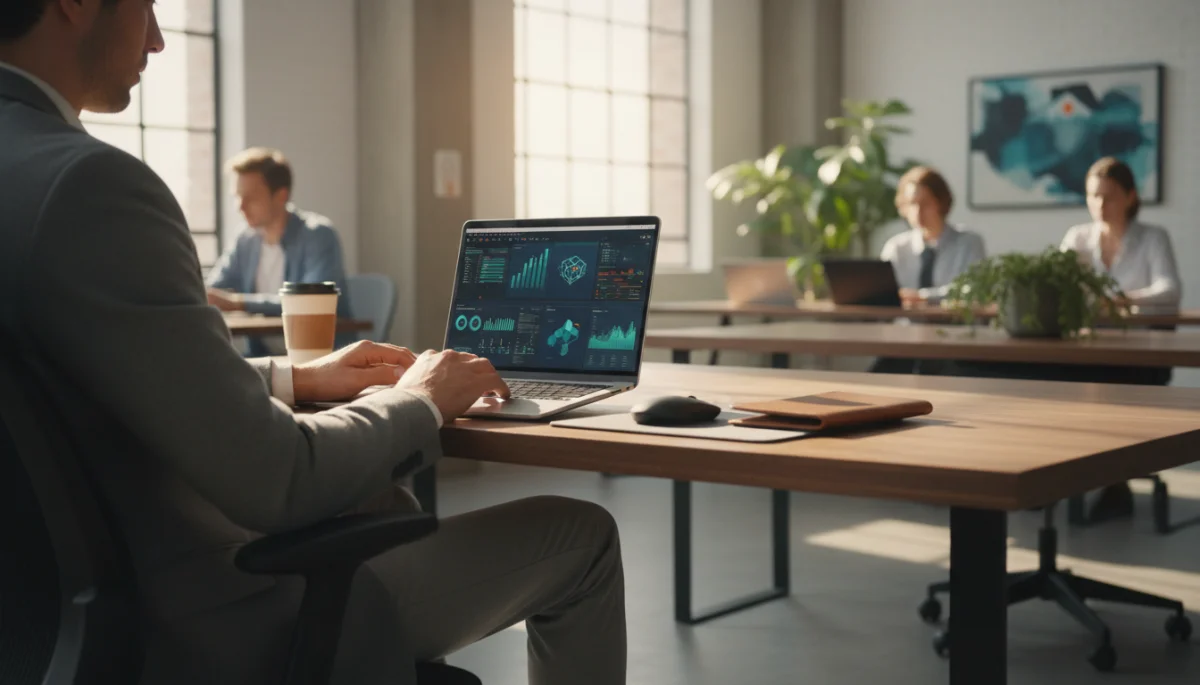 Person working productively on a portable ultrabook in a co-working space