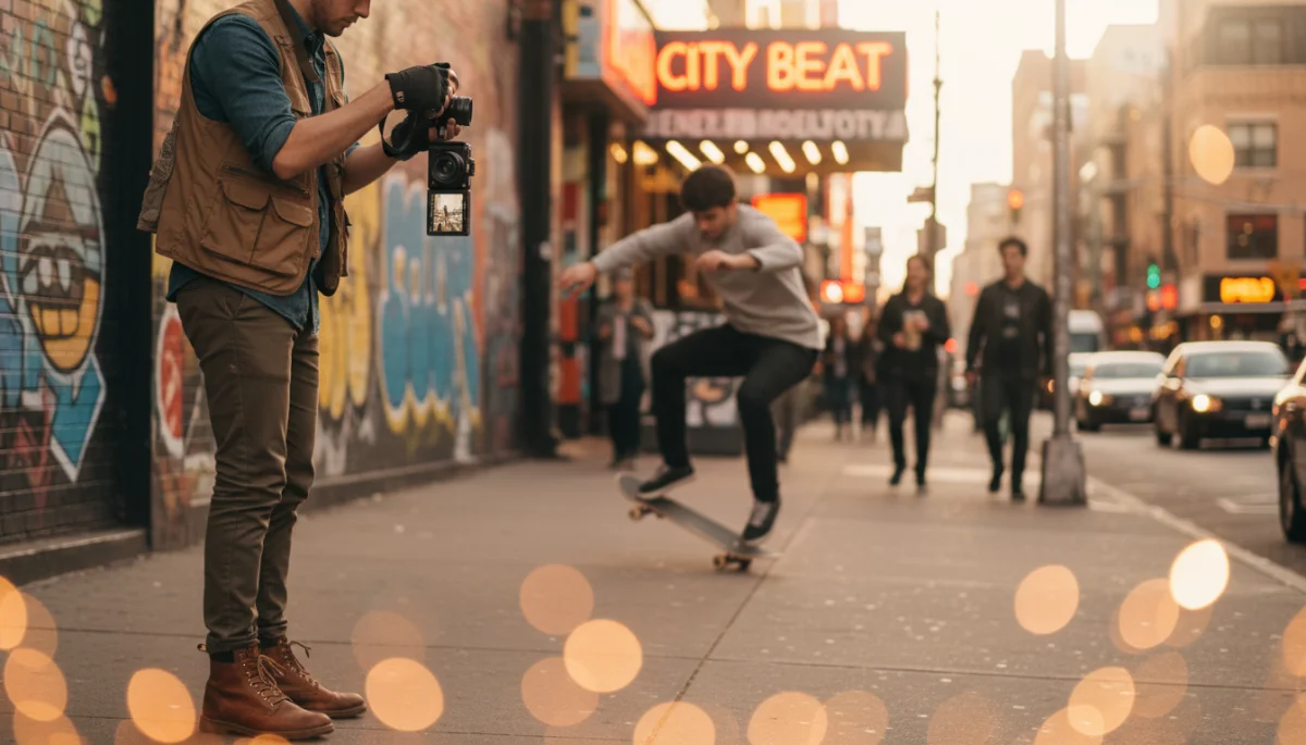 Photographer using a mirrorless camera in an urban environment, capturing street photography