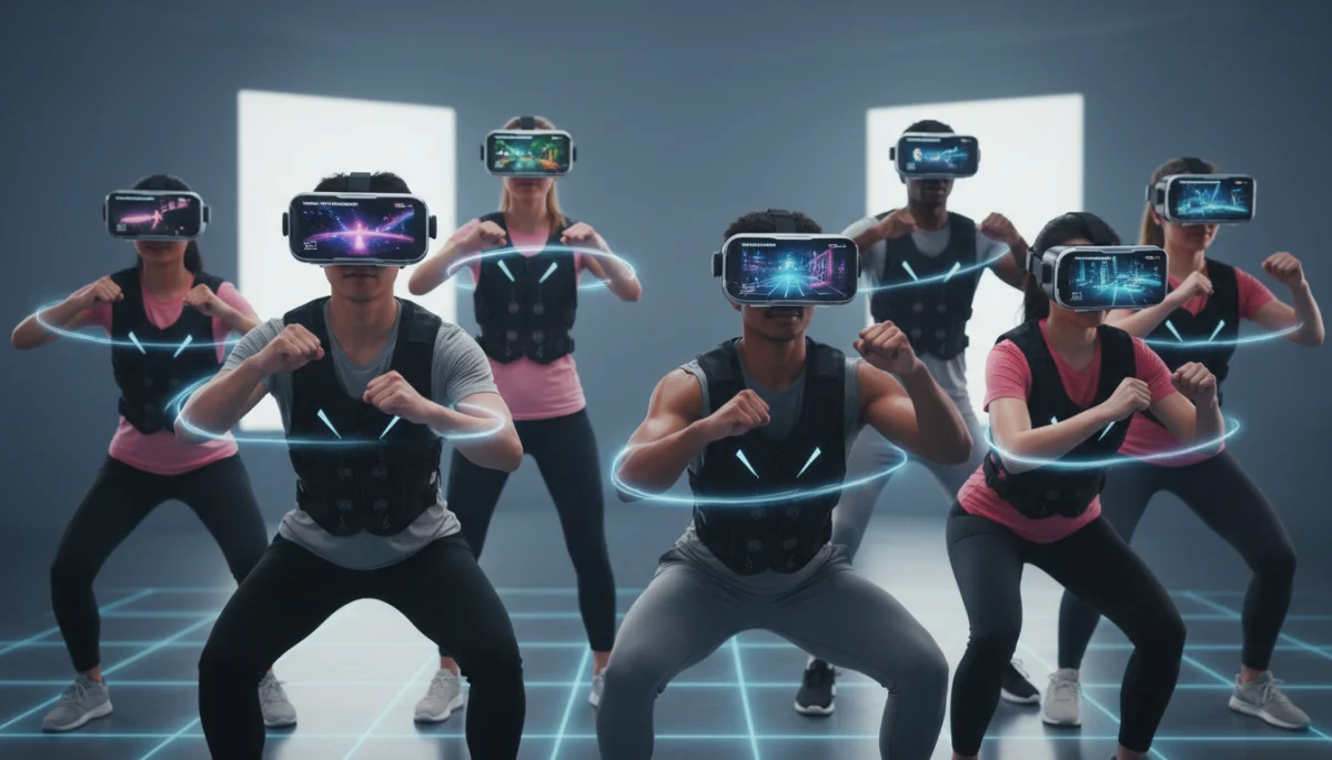 Diverse group engaging in virtual reality fitness class