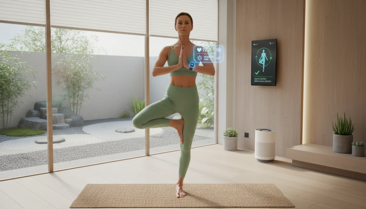 Person practicing yoga with a smart wearable device in a modern home