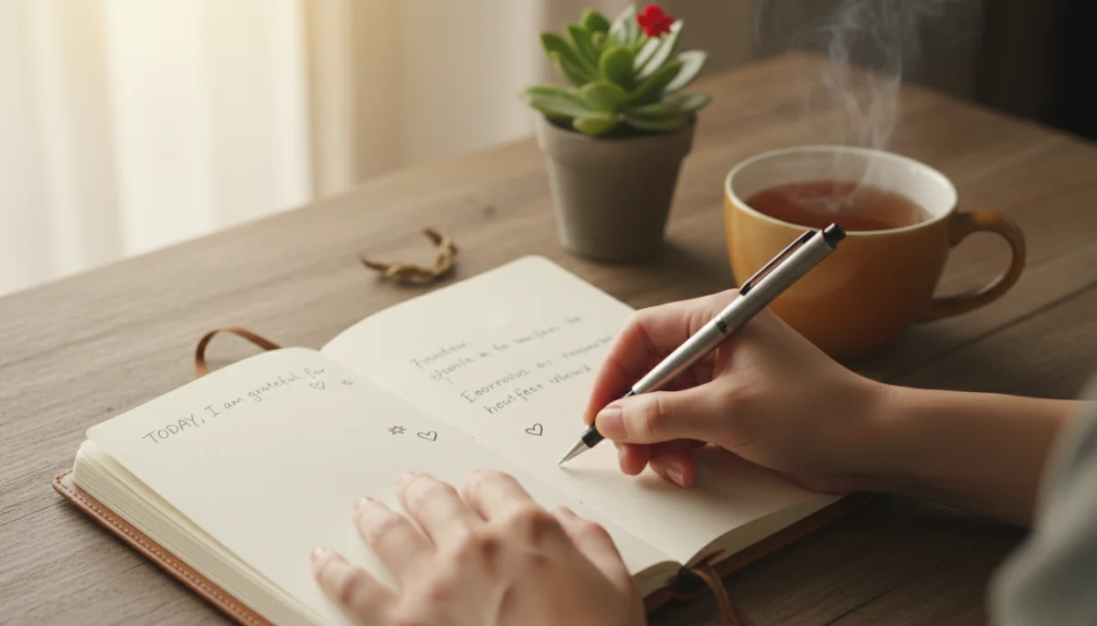 Hands writing in a gratitude journal, focused on daily reflection.